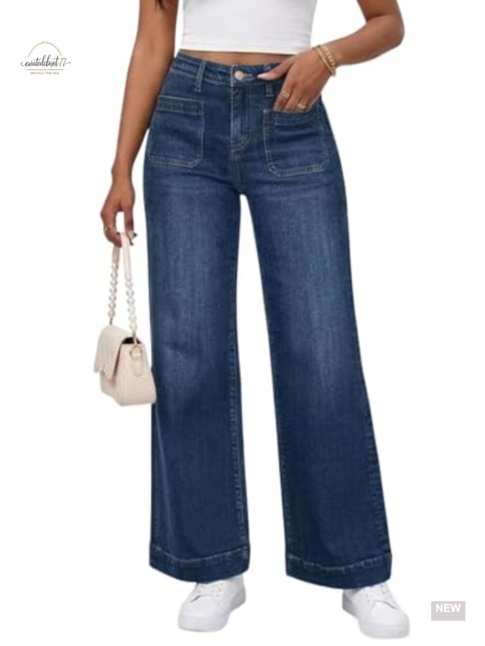 Wide Leg High Waisted Flare Jeans Stretchy Baggy Denim Pants Patch Pockets